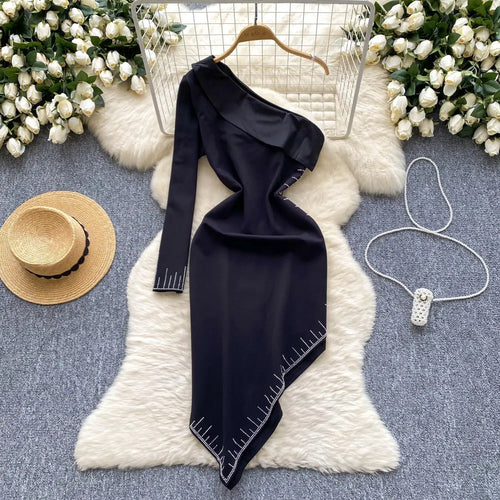 Load image into Gallery viewer, Korean Autumn Black Elegant Diagonal Collar Irregular Midi Dress Women Off Shoulder Long Sleeves Festival Sundress Fashion Trend

