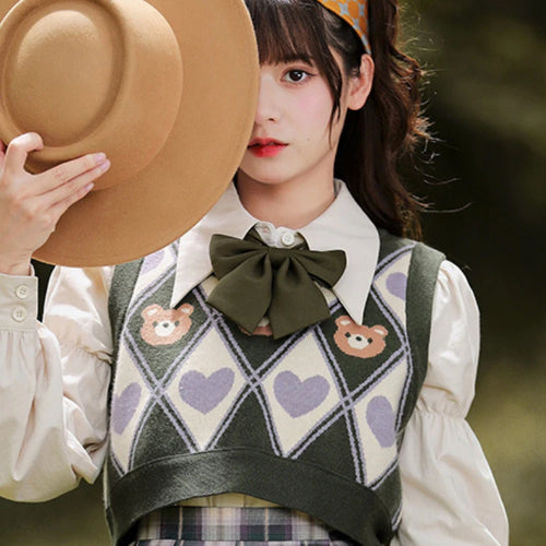 Load image into Gallery viewer, Kawaii Sweater Vest Bear Pri Sleeveless Casual Knitted Argyle Waistcoat 2025 Vintage Y2K Cropped Bandage Vests JK Tops

