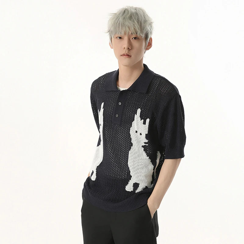 Contrast Color Men's Tees Cartoon Design Niche Turn-down Collar Knitting Tops Short Sleeve Casual Male T-shirts Tide 9W1255