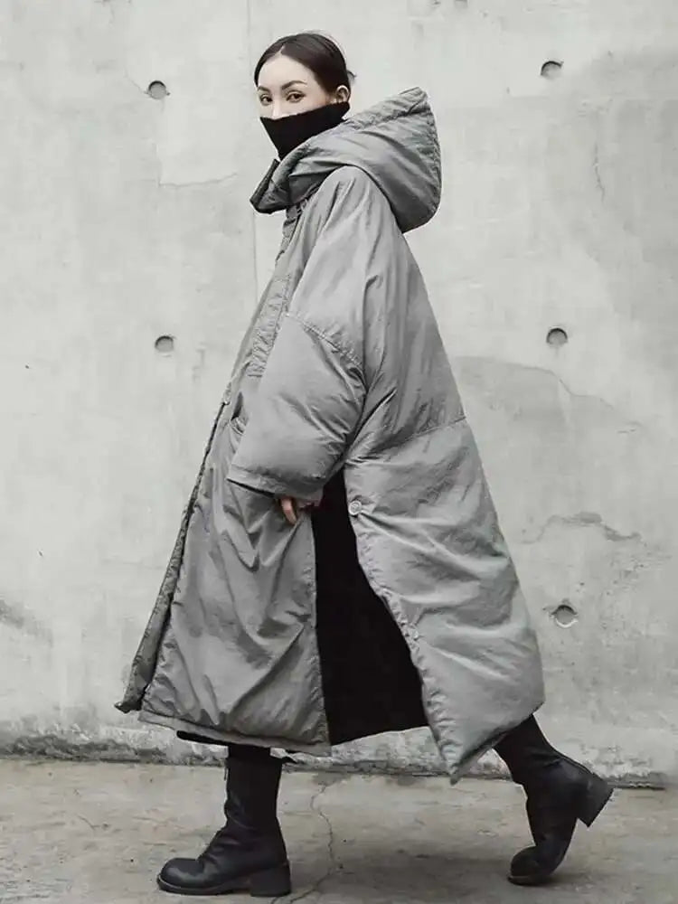 Hooded Cotton-padded Gray Big Size Long Warm Coat Long Sleeve Loose Fit Women Parkas Fashion Autumn Winter 2025 JE02002
