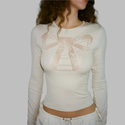 Load image into Gallery viewer, Hollow Lace Mesh Sheer Bow Long Sleeve Crop Tops 2000s Y2k Clothes Women White Black Fitted Shirts Cutecore P33-BE12
