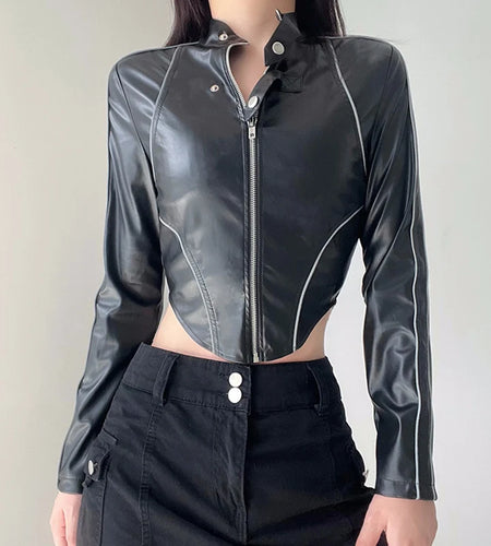 Reflective Stripe Spliced PU Leather Jacket Autumn Zip Up Coat Cropped Streetwear Moto Style Stitched Outwear Jackets