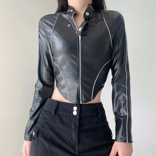 Load image into Gallery viewer, Reflective Stripe Spliced PU Leather Jacket Autumn Zip Up Coat Cropped Streetwear Moto Style Stitched Outwear Jackets
