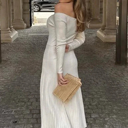 Load image into Gallery viewer, Knitted Sweater Dress Black White Off Shoulder Pleated Long Dresses Elegant Fall Winter Clothes 2024 Women C92-FE47
