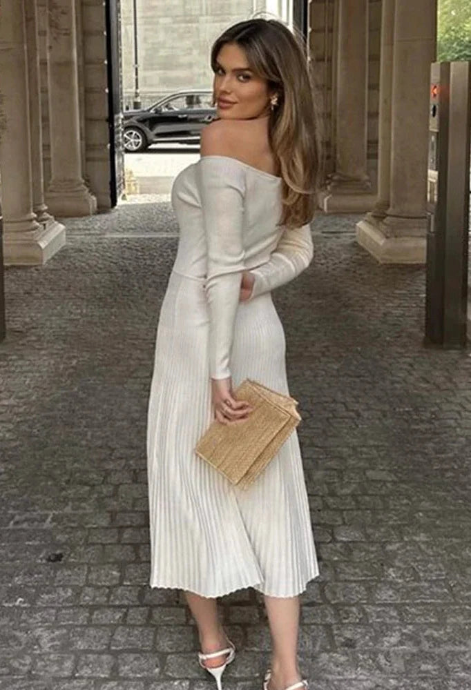 Knitted Sweater Dress Black White Off Shoulder Pleated Long Dresses Elegant Fall Winter Clothes 2024 Women C92-FE47