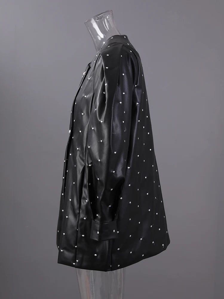 Black Dot Big Size PU Leather Jacket New O-neck Long Puff  Sleeve Women Coat Fashion Tide Spring Autumn 2025 25X2588