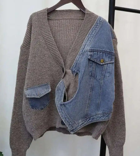 Gray Denim Big Size Design Knitting Cardigan Sweater V-Neck Long Sleeve Women New Fashion Tide Spring Autumn 2025 CP3517