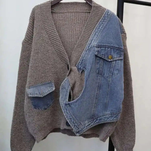 Load image into Gallery viewer, Gray Denim Big Size Design Knitting Cardigan Sweater V-Neck Long Sleeve Women New Fashion Tide Spring Autumn 2025 CP3517
