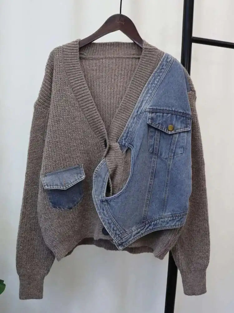 Gray Denim Big Size Design Knitting Cardigan Sweater V-Neck Long Sleeve Women New Fashion Tide Spring Autumn 2025 CP3517