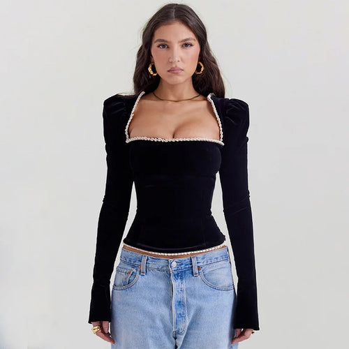 Load image into Gallery viewer, Square Collar Backless Bandage Sexy T-shirt Women Autumn Winter New Black Shoulder Pad Sleeve Skinny Sexy Party Tops
