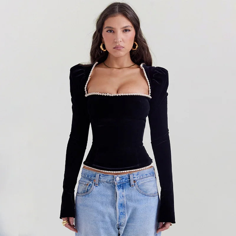 Square Collar Backless Bandage Sexy T-shirt Women Autumn Winter New Black Shoulder Pad Sleeve Skinny Sexy Party Tops