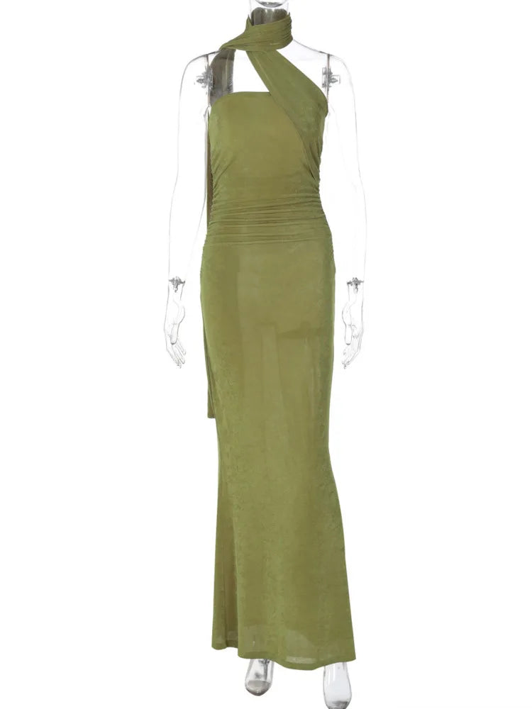 Halter Strapless Sexy Maxi Dress For Women Fashion Green Off-shoulder Backless Sleeveless Bodycon Elegant Long Dress
