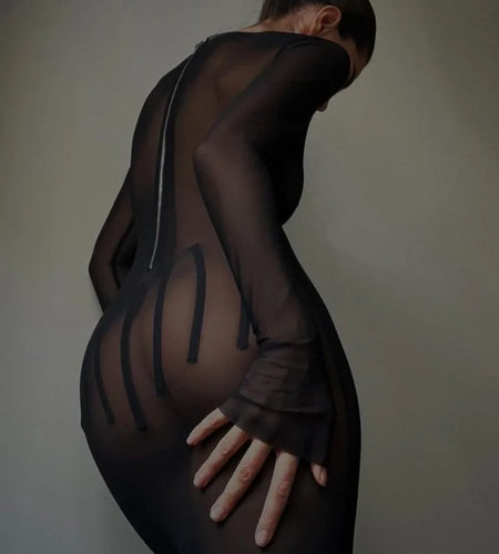 Sexy Mesh Perspective Long Sleeved Dress Women Round Neck Slim Zipper Long Dress Spring New 2024 Party Evening Dress