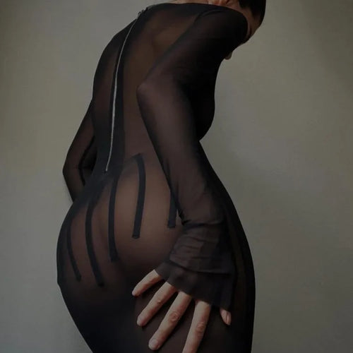 Load image into Gallery viewer, Sexy Mesh Perspective Long Sleeved Dress Women Round Neck Slim Zipper Long Dress Spring New 2024 Party Evening Dress
