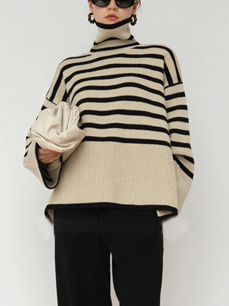 Striped Sweater For Women Turtleneck Long Sleeves Loose Casual Temperament Sweaters Female Fashion Clothing