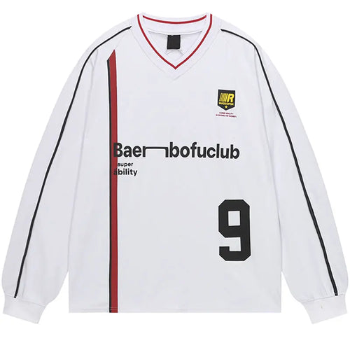 Vintage T-Shirt Y2K Graphic Printed Racing Sports Long Sleeve Tshirt Streetwear Hip Hop Harajuku Casual Baggy V-Neck Top Tee