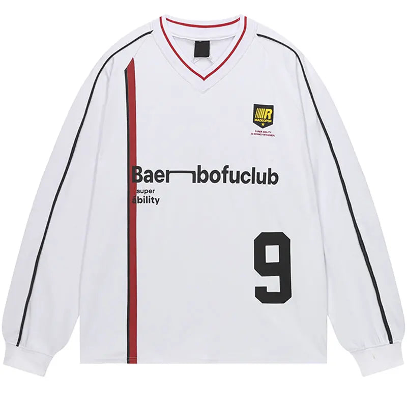 Vintage T-Shirt Y2K Graphic Printed Racing Sports Long Sleeve Tshirt Streetwear Hip Hop Harajuku Casual Baggy V-Neck Top Tee