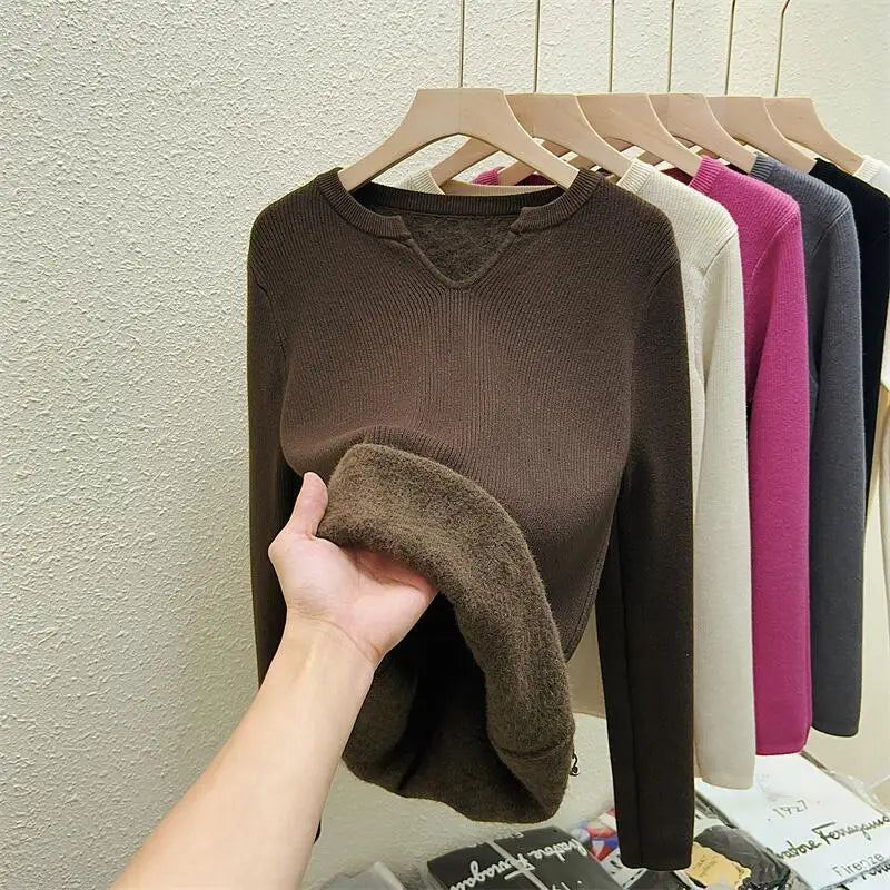 Autumn Winter Korean Fashion Solid V Neck Velvet Knit Crochet Sweater Women Warm Long Sleeve Pullovers Tops Casual Popular Trend