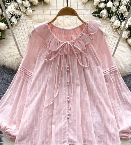 French Woman Solid Long Sleeve Lace-up Shirt Ladies Sweet Ruffle Edges Blouse Autumn Fashion New Single Breasted Short Tops Chic