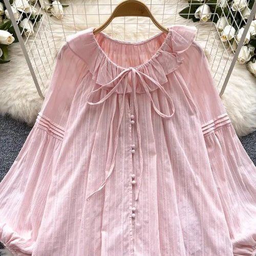 Load image into Gallery viewer, French Woman Solid Long Sleeve Lace-up Shirt Ladies Sweet Ruffle Edges Blouse Autumn Fashion New Single Breasted Short Tops Chic
