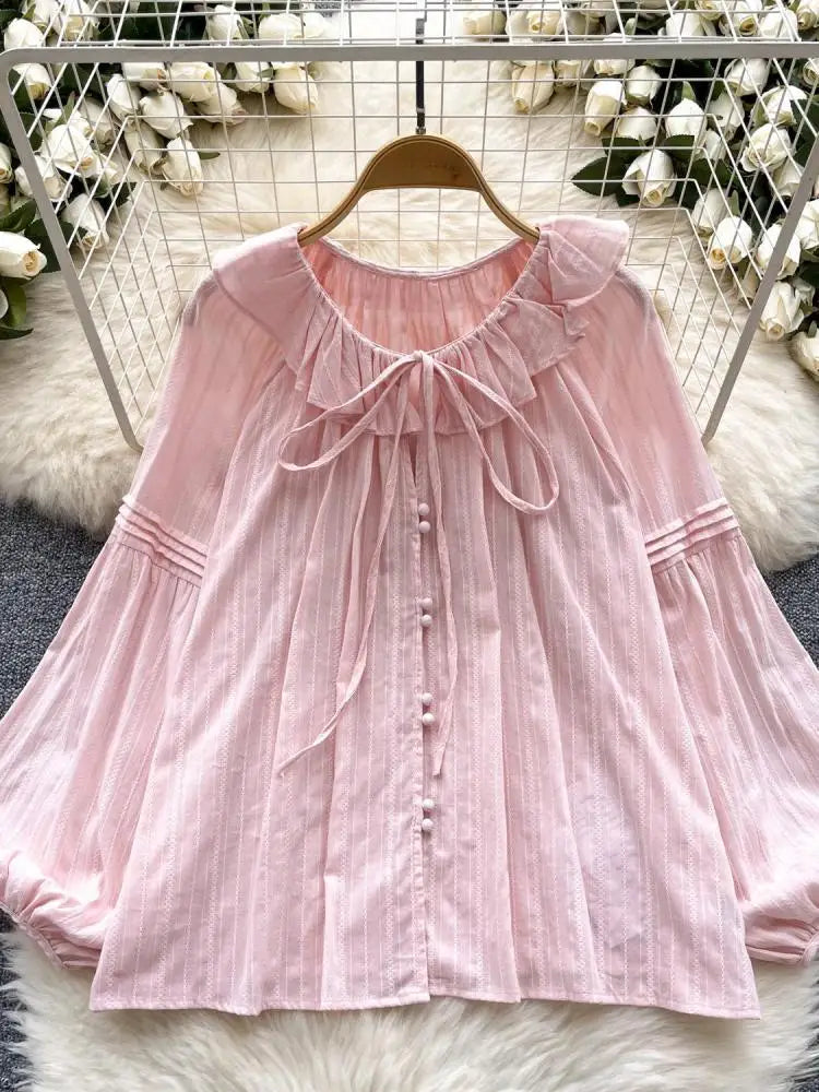 French Woman Solid Long Sleeve Lace-up Shirt Ladies Sweet Ruffle Edges Blouse Autumn Fashion New Single Breasted Short Tops Chic