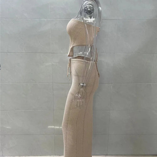 Load image into Gallery viewer, Elegant Knit Skirt Two Piece Sets Women Strapless Bandage Crop Tops And Maxi Skirt Femme Lace Up Sexy Ttwo Piece Sets

