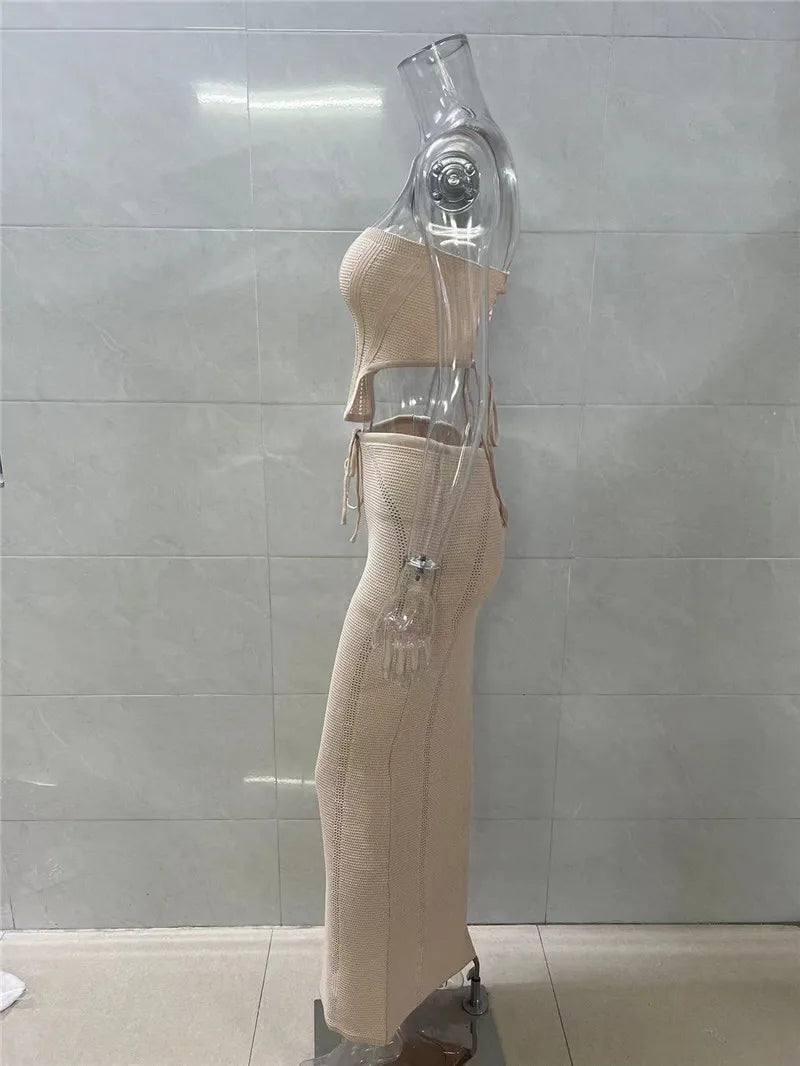 Elegant Knit Skirt Two Piece Sets Women Strapless Bandage Crop Tops And Maxi Skirt Femme Lace Up Sexy Ttwo Piece Sets
