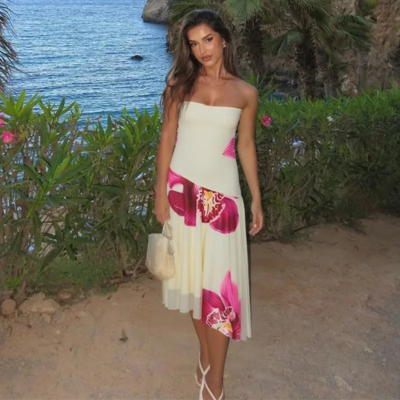 Floral Print Sexy Midi Dress Women Gown Summer New Strapless Off-shoulder Sleeveless Backless Irregular Ruffle Dress