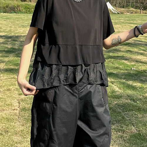 Load image into Gallery viewer, Women Black Hem Ruffles Irregular Big Size T-shirt New Round Neck Short Sleeve Fashion Tide Spring Summer 2025 1DJ0704
