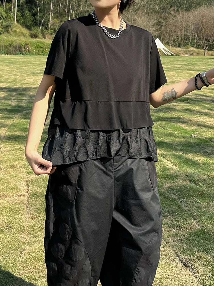 Women Black Hem Ruffles Irregular Big Size T-shirt New Round Neck Short Sleeve Fashion Tide Spring Summer 2025 1DJ0704