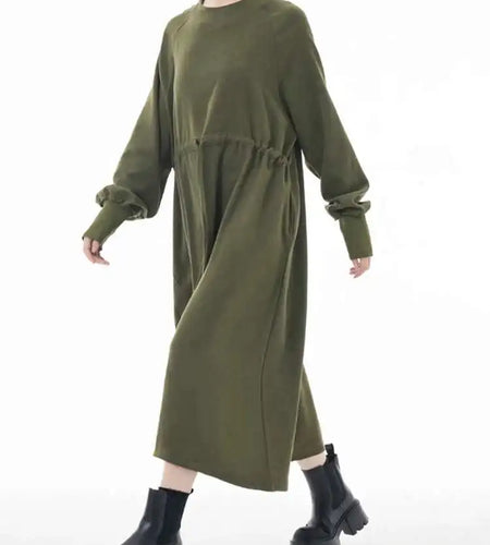 Women Army Green Big Size A-line Long Dress New Round Neck Long Sleeve Loose Fashion Tide Spring Autumn 2025 1DH3874