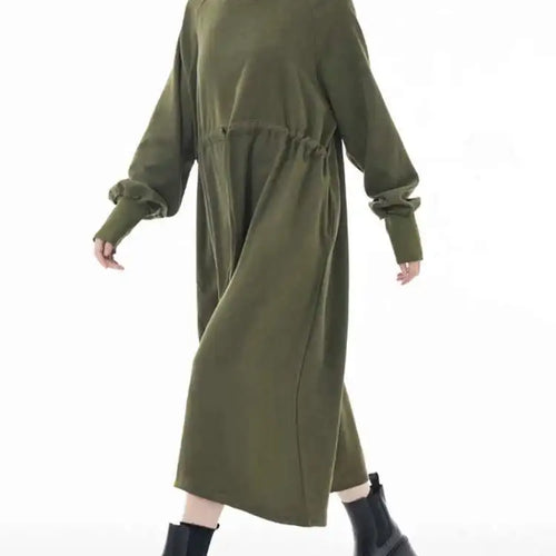 Load image into Gallery viewer, Women Army Green Big Size A-line Long Dress New Round Neck Long Sleeve Loose Fashion Tide Spring Autumn 2025 1DH3874
