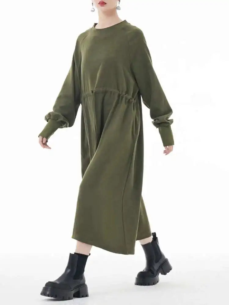 Women Army Green Big Size A-line Long Dress New Round Neck Long Sleeve Loose Fashion Tide Spring Autumn 2025 1DH3874