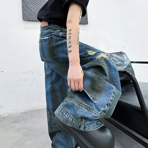 Load image into Gallery viewer, American Style Men&#39;s Jeans New Stylish Flip Design Wide Leg Dirty Pants High Street Men Wear Male Denim Trousers 9C7025
