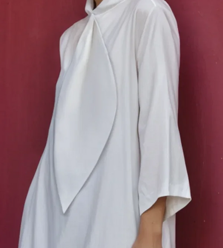 Summer Cotton Tie Neck Mini Dress for Women 2025 New Elegant Three-quarter Sleeves Simple Shirt Dresses Outfits Woman