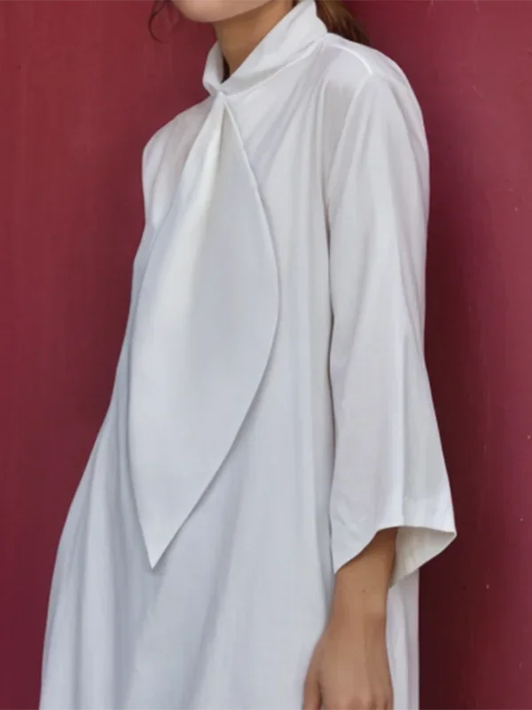 Summer Cotton Tie Neck Mini Dress for Women 2025 New Elegant Three-quarter Sleeves Simple Shirt Dresses Outfits Woman