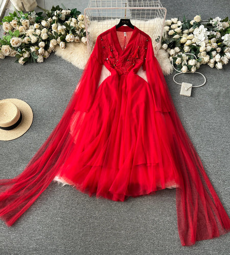 Autumn Red Elegant V-neck Sleeveless Embroidery Tassel Mesh Prom Long Dress Women Vacation Water Sleeve Evening Dresses Vintage