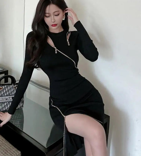 Autumn Black Sexy Club  Round Neck Zipper Dress Women A Line Casual Streets 2023 New Long Sleeved Party Slim Knit Hip Wrap Dress