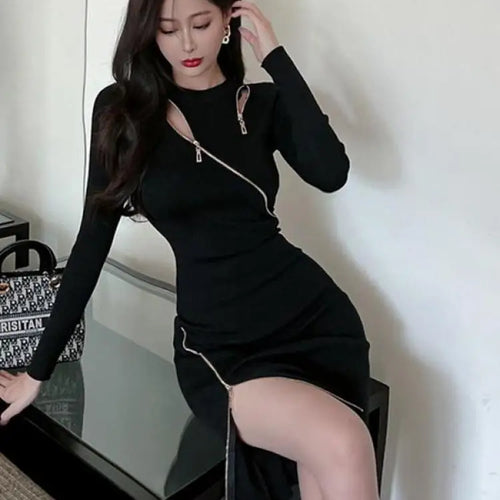 Load image into Gallery viewer, Autumn Black Sexy Club  Round Neck Zipper Dress Women A Line Casual Streets 2023 New Long Sleeved Party Slim Knit Hip Wrap Dress

