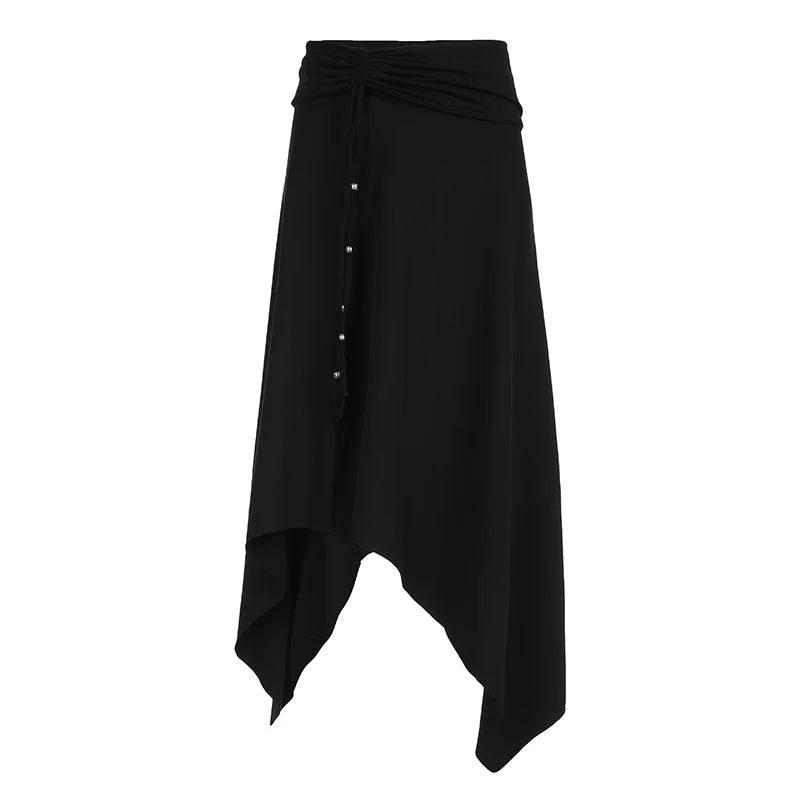 Gothic Dark Harajuku Asymmetrical Maxi Skirt Beading Drawstring Folds Autumn Women Skirts Long Korean Party Clothing