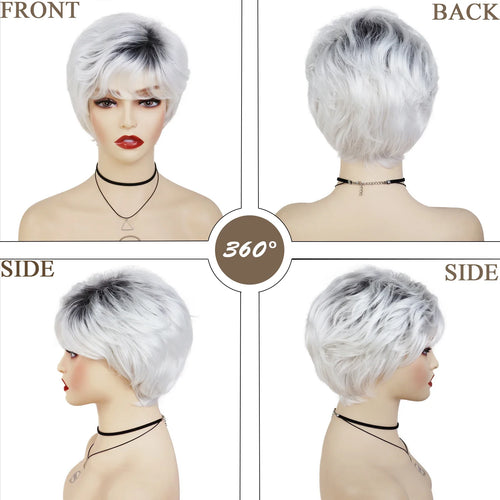 Load image into Gallery viewer, Synthetic Hair Silver White Wigs for Women Black Root Short Haircuts Natural Wigs Pixie Cut Old Lady Wig Granny Grey Blanche Wig
