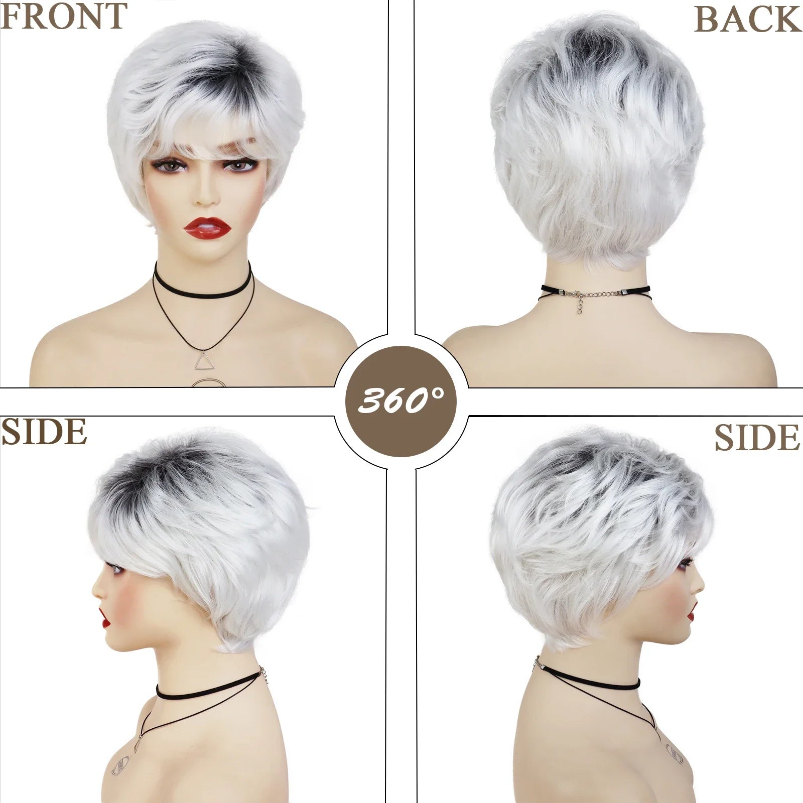 Synthetic Hair Silver White Wigs for Women Black Root Short Haircuts Natural Wigs Pixie Cut Old Lady Wig Granny Grey Blanche Wig