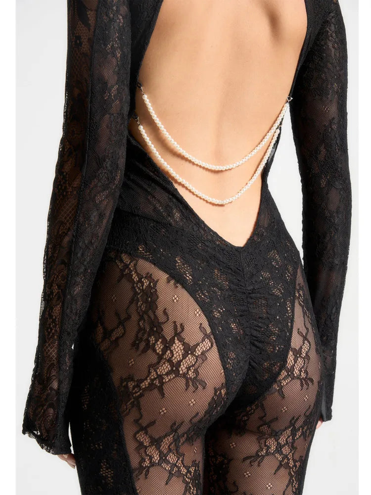 Sexy Lace Patchwork Long Sleeved See Through Women Jumpsuit Tight Backless Autumn Winter New 2024 Female Party Clothing