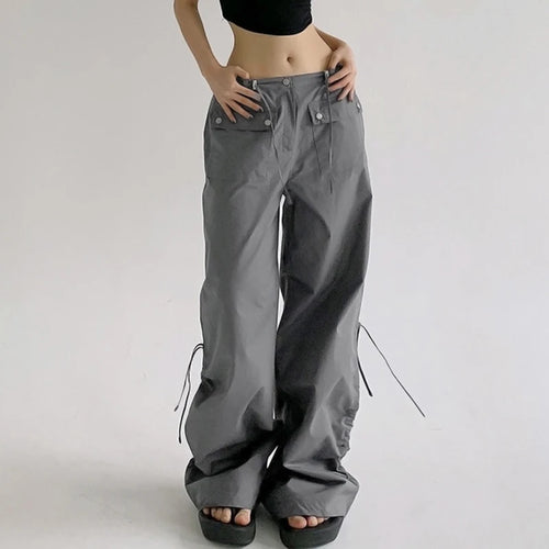 Load image into Gallery viewer, Harajuku Drawstring Women Trousers Low Waisted Solid Casual Shirring Baggy Pants Techwear Korean Straight Leg Bottoms
