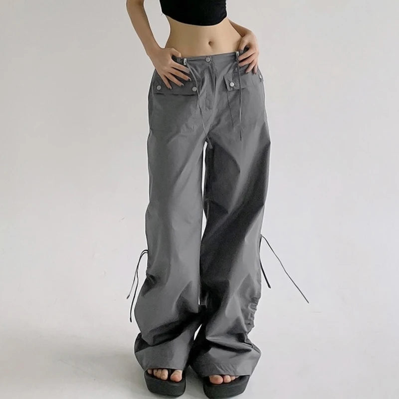 Harajuku Drawstring Women Trousers Low Waisted Solid Casual Shirring Baggy Pants Techwear Korean Straight Leg Bottoms