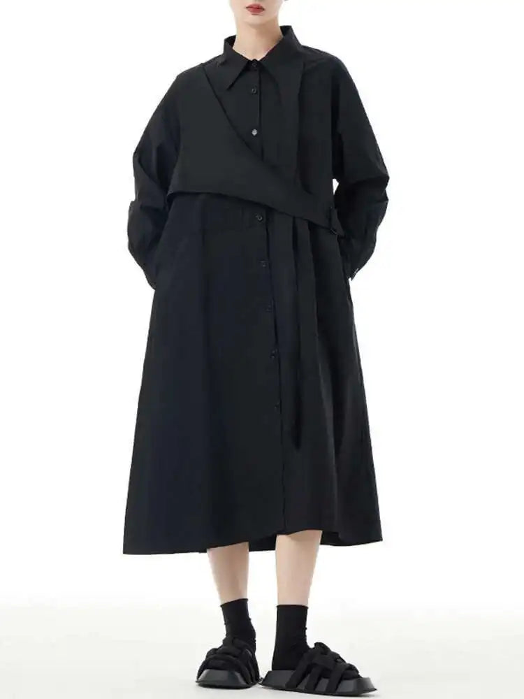 Women Purple Belted Big Size Irregular Midi Shirt Dress New Lapel Long Sleeve Fashion Tide Spring Autumn 2025 1DH5164