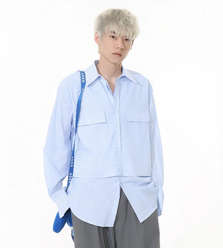 Korean Style Men's Shirts Turn-down Collar Fake Two-piece Plaid Design Long Sleeved Single Breasted Loose Male Tops 9W1262