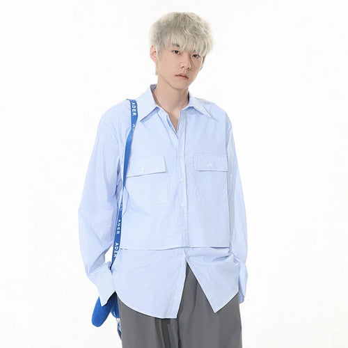 Load image into Gallery viewer, Korean Style Men's Shirts Turn-down Collar Fake Two-piece Plaid Design Long Sleeved Single Breasted Loose Male Tops 9W1262
