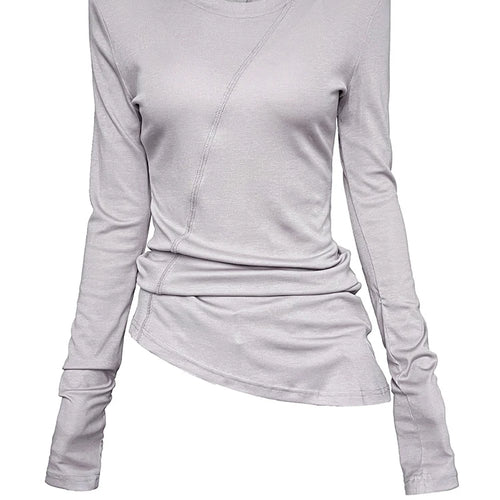 Load image into Gallery viewer, Women Gray Thin Perspective Slim Irregular T-shirt New Round Neck Long Sleeve Fashion Tide Spring Autumn 2025 1DH9981
