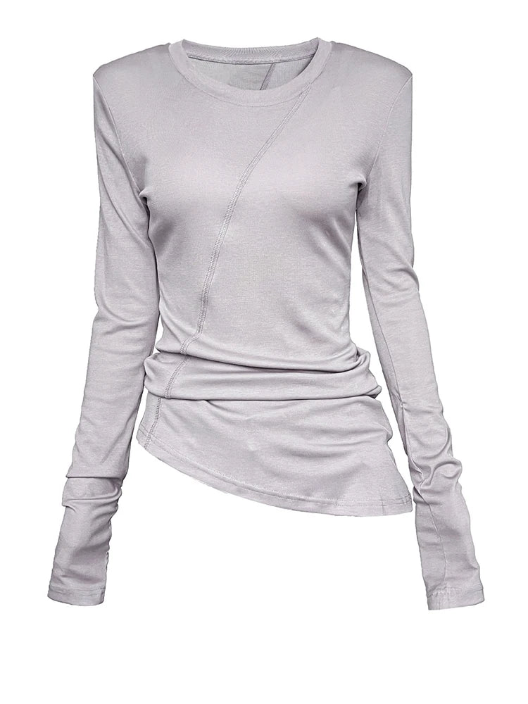 Women Gray Thin Perspective Slim Irregular T-shirt New Round Neck Long Sleeve Fashion Tide Spring Autumn 2025 1DH9981
